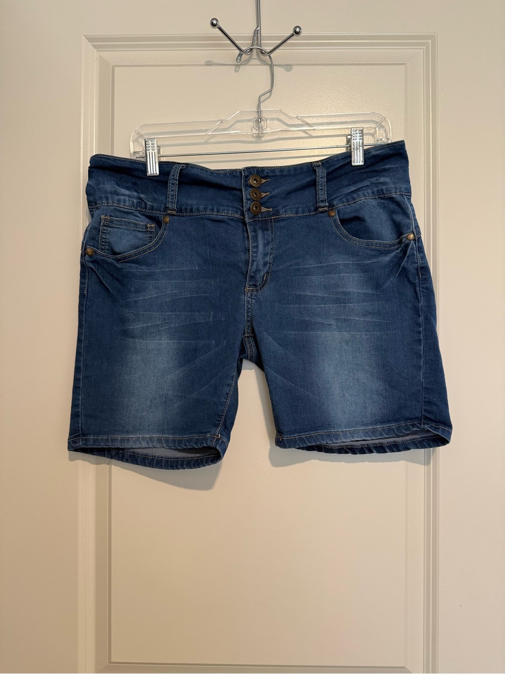 High-Rise Blue Denim Jean Shorts with Triple-Button Front